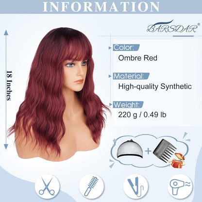 Ombre Rot Wellig Pony Perücke – 46cm Schulterlang Synthetisch