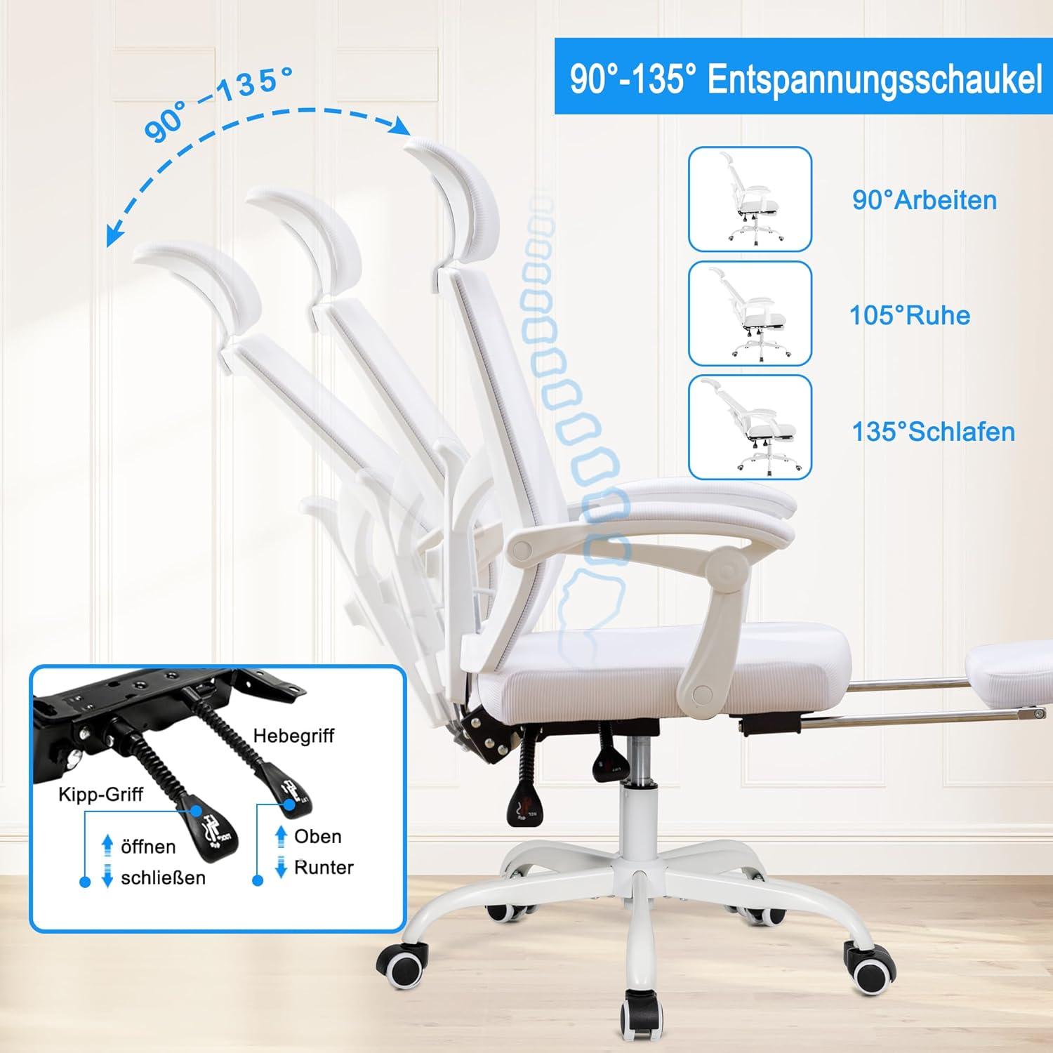 Bürostuhl Mesh mit Fußstütze Kopfstütze Weiß 135° verstellbar