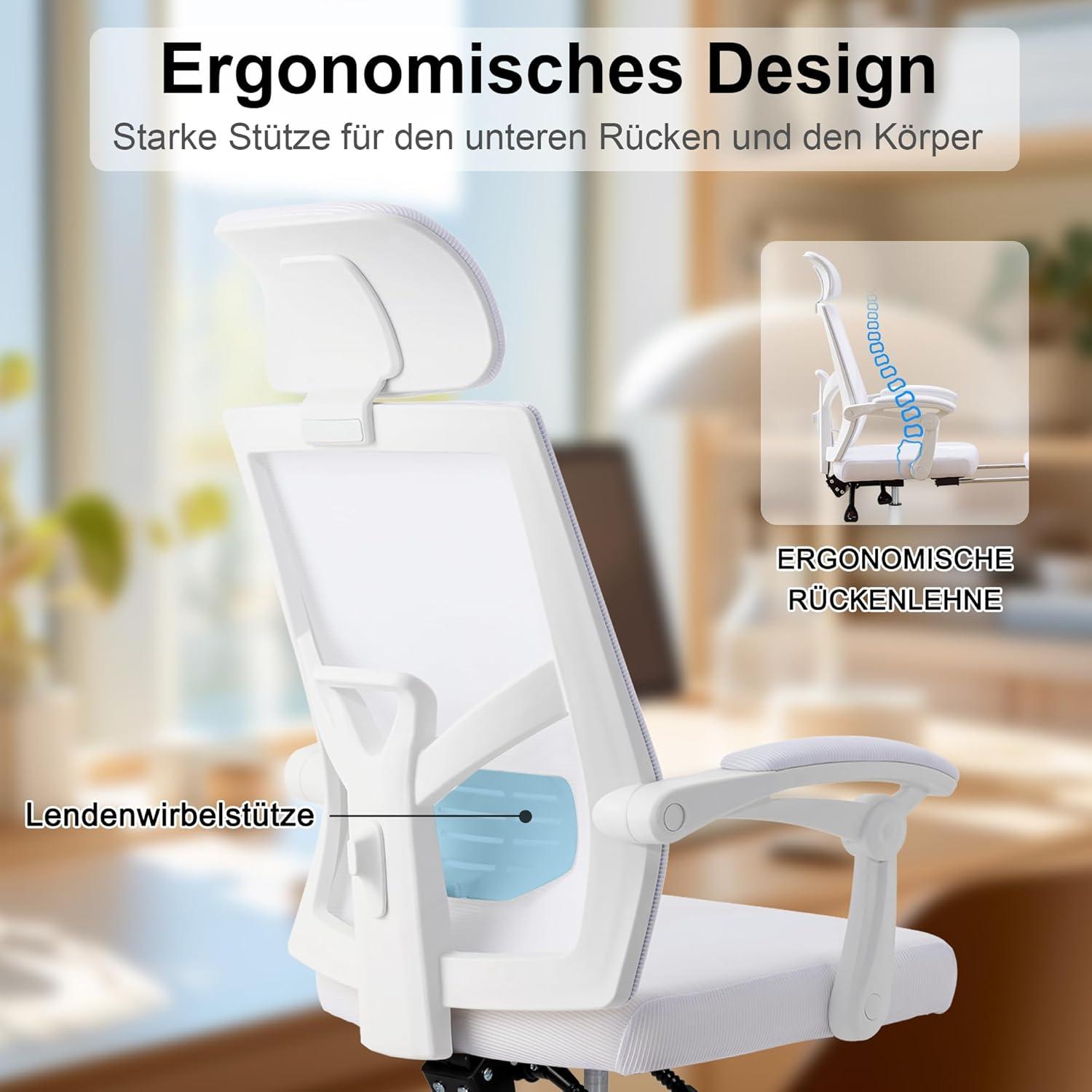 Ergonomischer Bürostuhl mit Fußstütze, Mesh, verstellbarer Kopfstütze