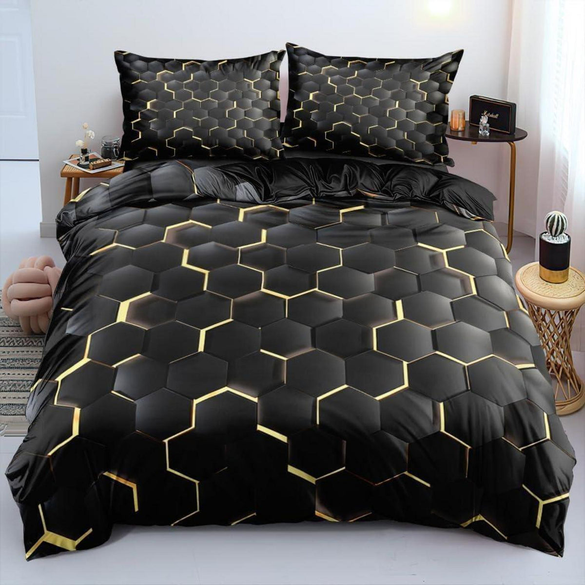 3D Wabenbettwäsche Set Schwarz Gold 135x200cm