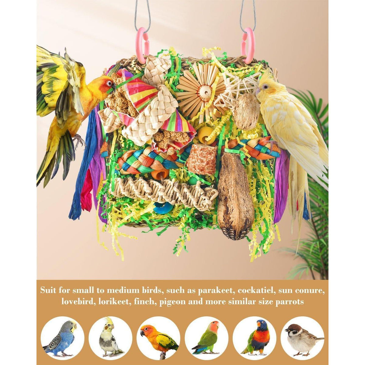 Vogelspielzeug aus Naturholz mit Seegras, gelb-grün