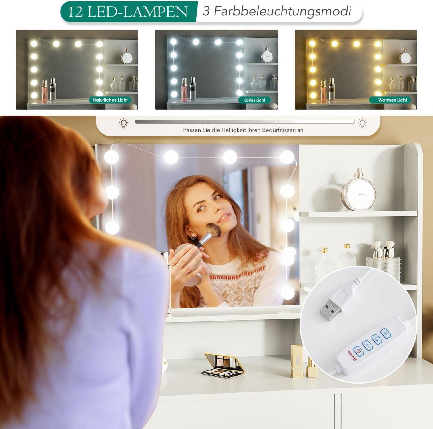 Schminktisch Weiß LED Spiegel Hocker Hollywood 5 Schubladen 140x94x40cm