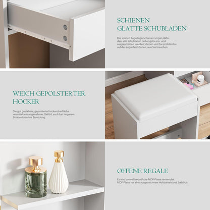 Schminktisch Weiß mit LED-Beleuchtung und Hocker, 5 Schubladen