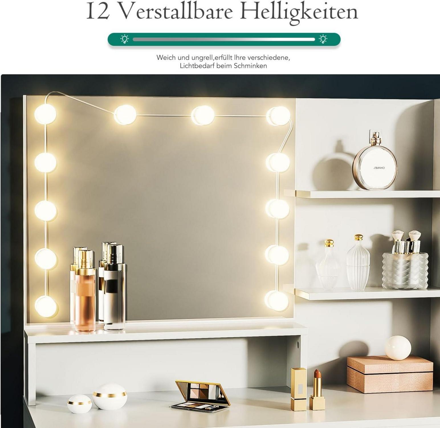 Schminktisch Weiß LED Spiegel Hocker Hollywood 5 Schubladen 140x94x40cm