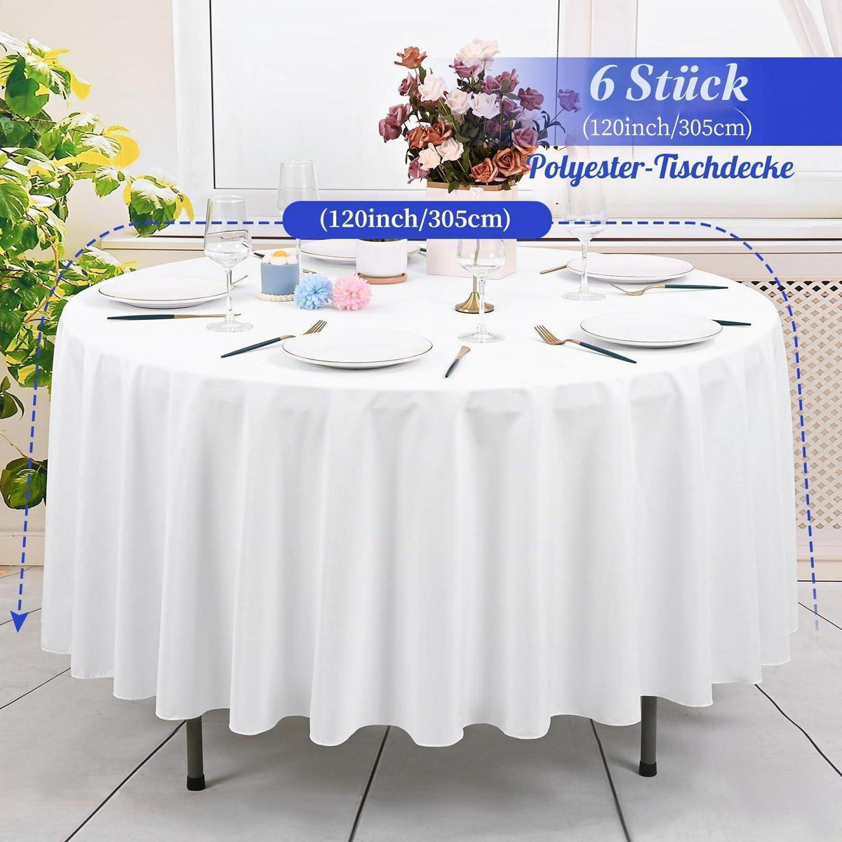 6x Weiße Tischdecke 305cm | Wasserabweisend & Rund für Feste