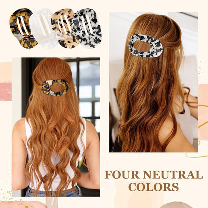 4 Stück Acetat LeopardFlache Haarklammern für Damen - Gebogene Clips
