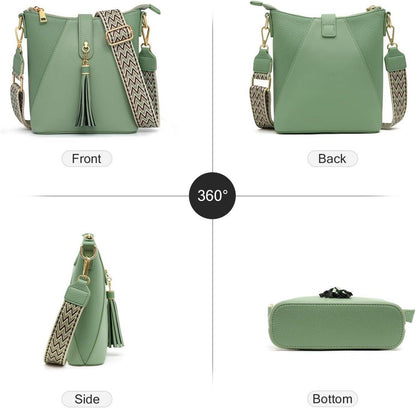 Umhängetasche Damen Leder Crossbody Verstellbarer Breiter Gurt Schwarz
