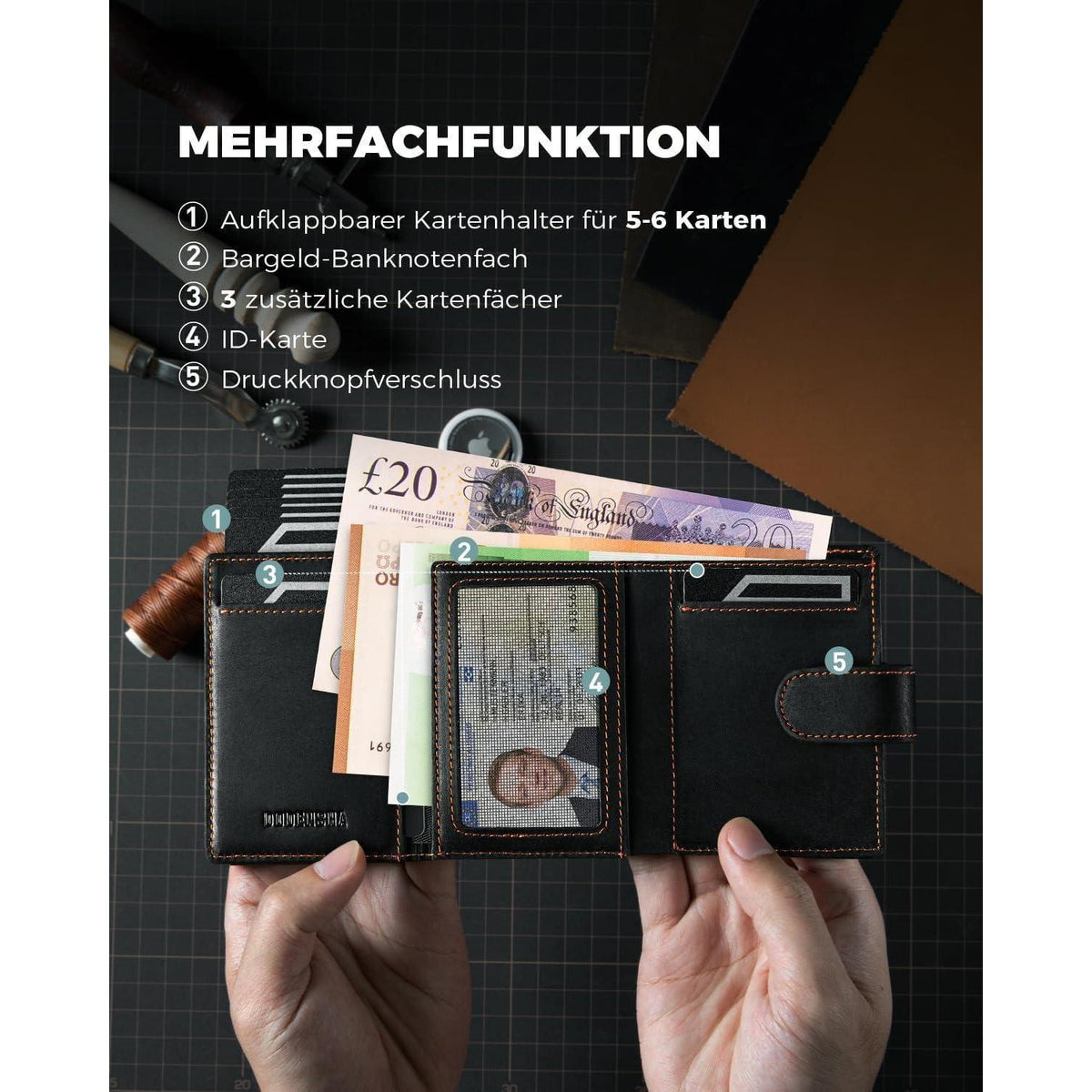 Slim Wallet mit Münzfach, RFID Schutz, Schwarz-Orange