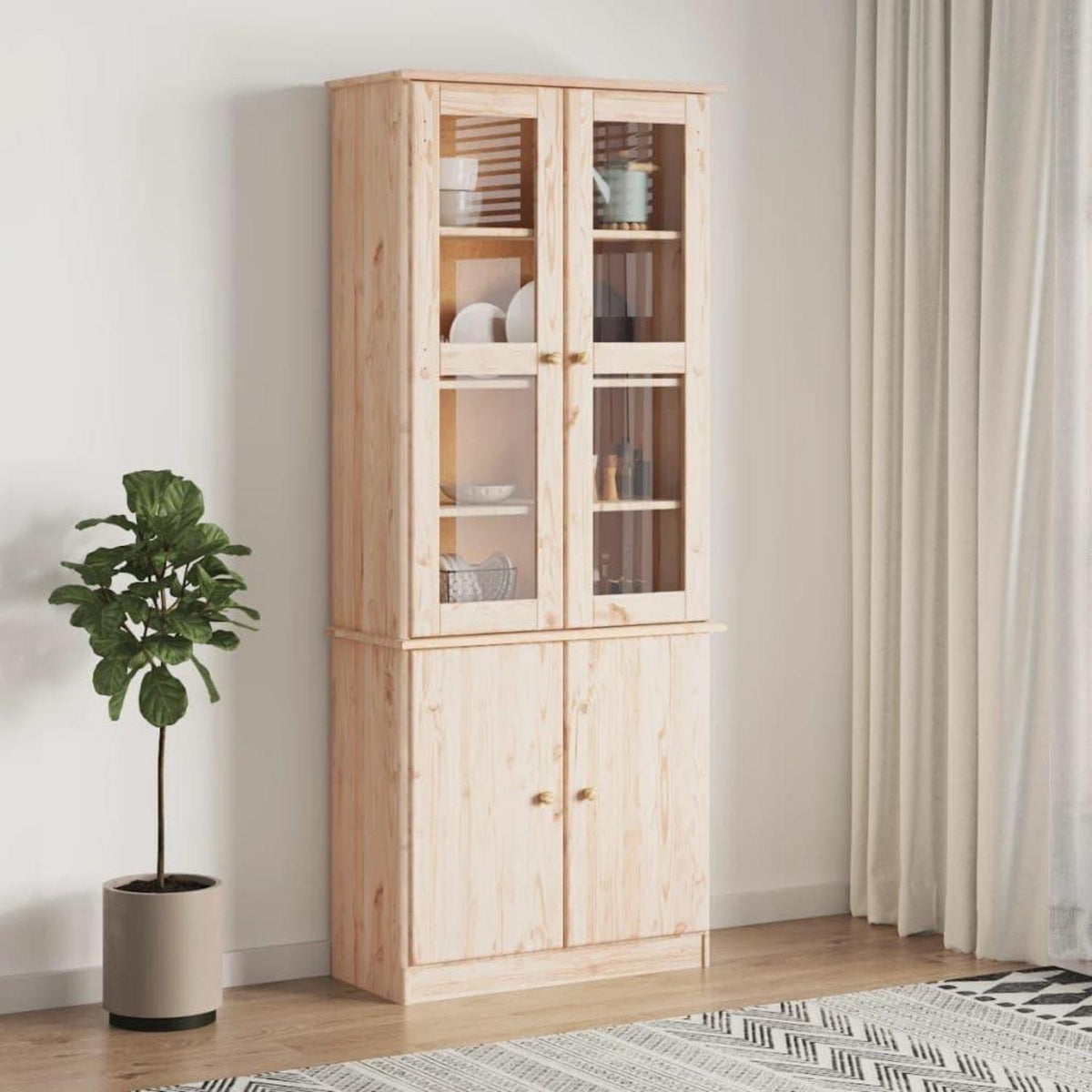 Massivholz Vitrine Kiefer Weiß – Schrank mit Glastüren