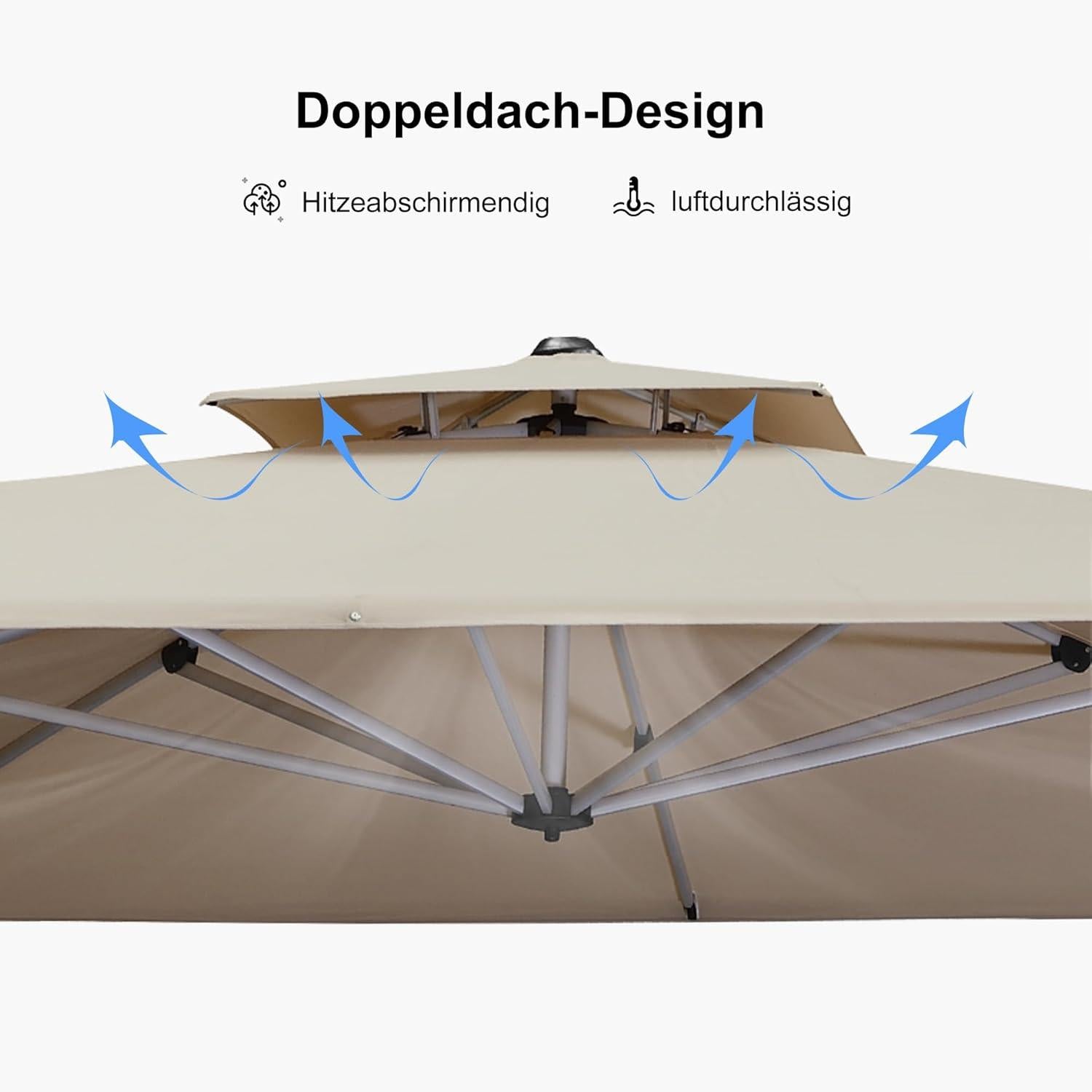 Großer Sonnenschirm 330x330 cm mit Ständer und Kurbel, UV50+ Beige
