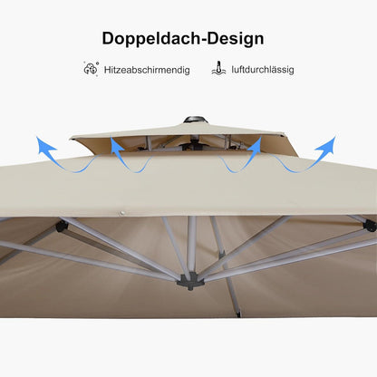 Großer Sonnenschirm 330x330 cm mit Ständer und Kurbel, UV50+ Beige