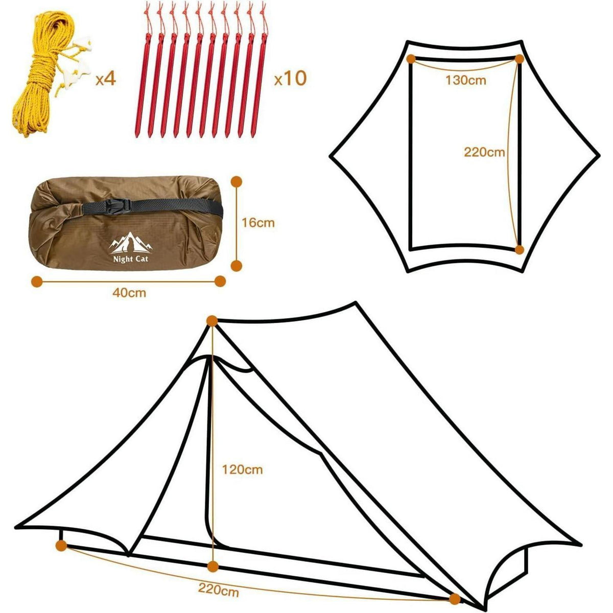 Ultraleichtes 2 Personen Trekkingzelt, wasserdicht, Khaki