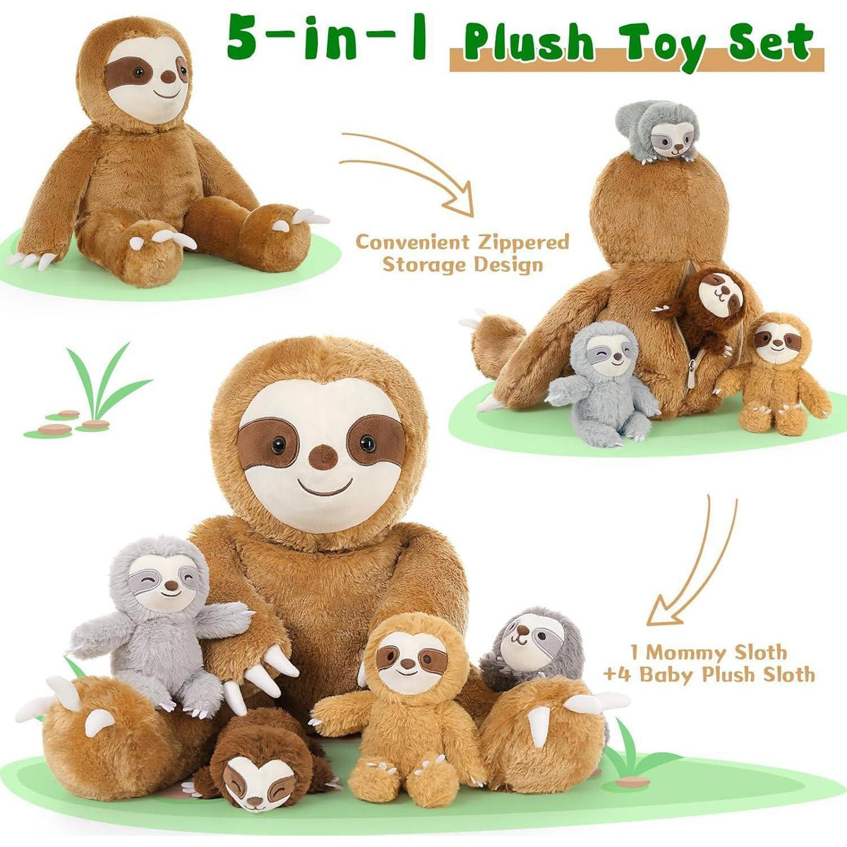 XXL Faultier Kuscheltier Set mit 4 Babys - 56cm Plüschtier