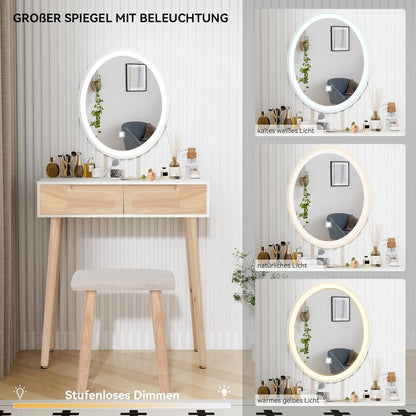 Schminktisch LED Beleuchtung Spiegel Holzfarbe Stuhl Schubladen 70cm