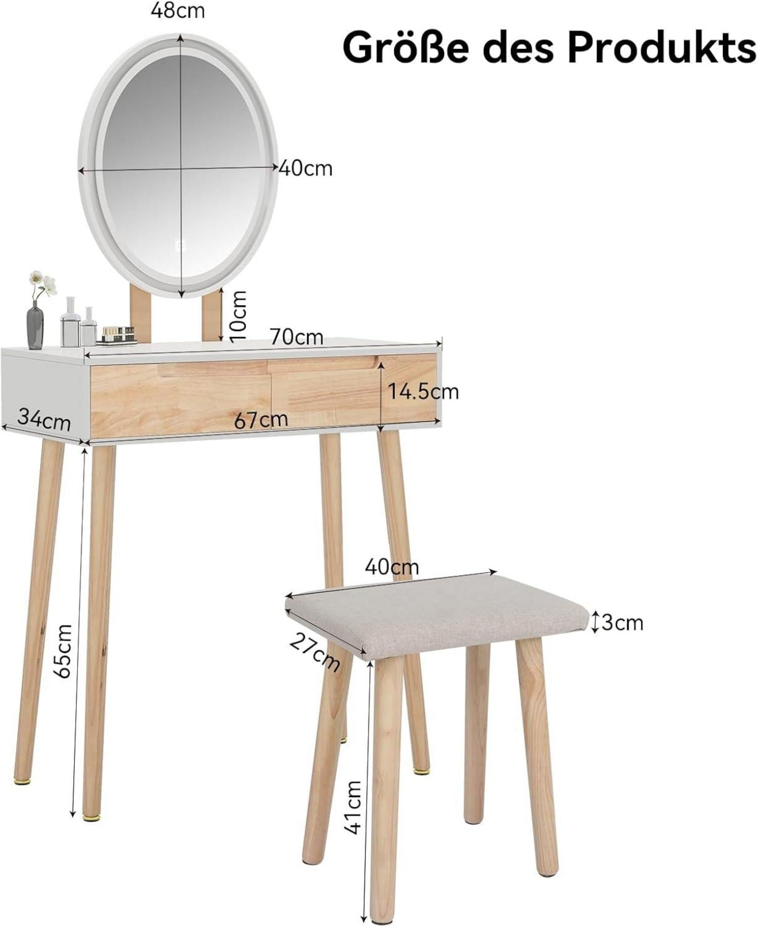 Schminktisch LED Spiegel Stuhl 3 Farben Holzfarbe Makeup Vanity