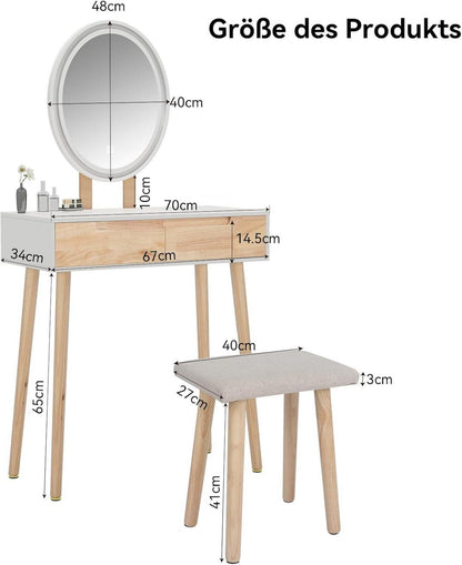 Schminktisch LED Spiegel Stuhl 3 Farben Holzfarbe Makeup Vanity