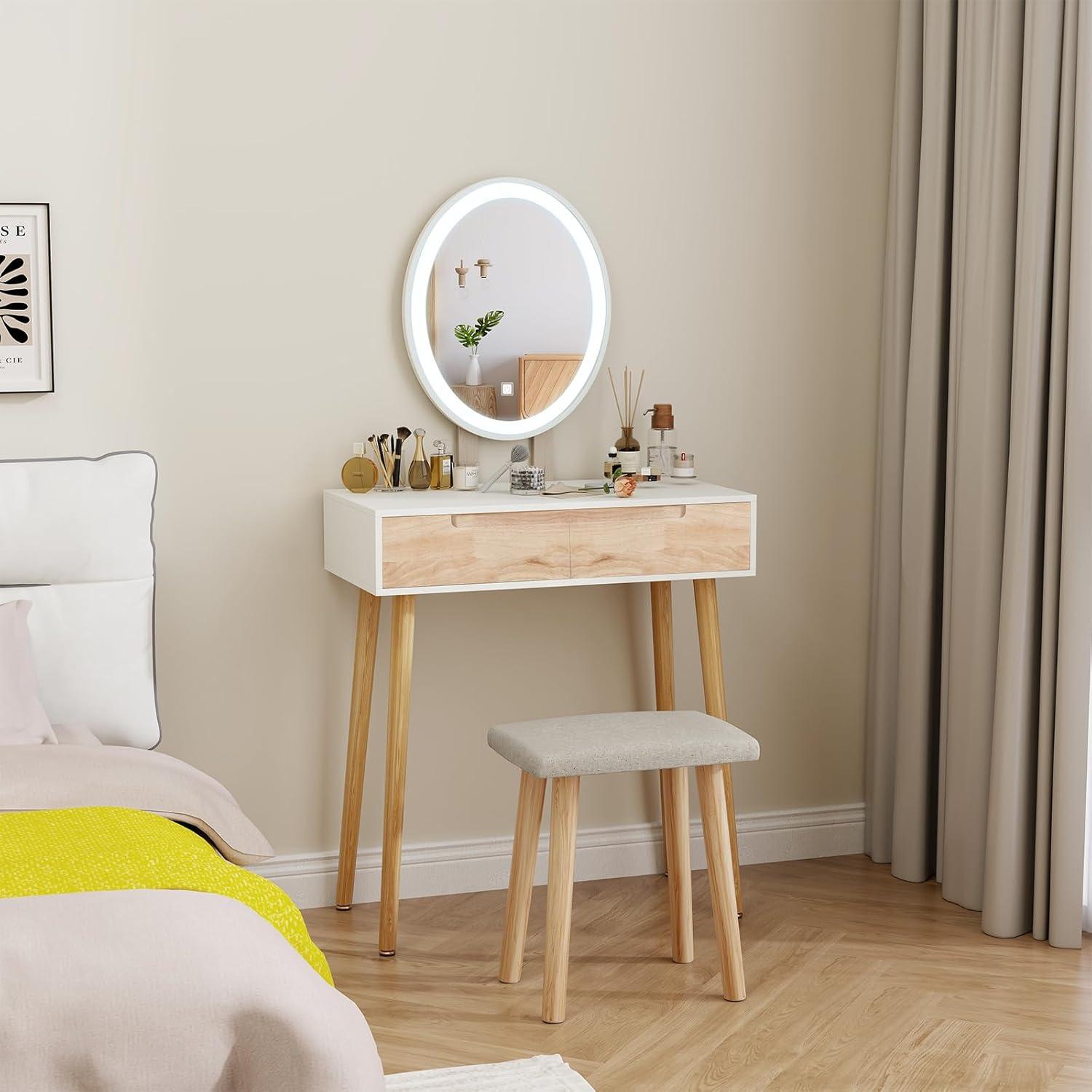 Schminktisch mit LED-Beleuchtung Spiegel 3 Farben, Schminktisch mit Stuhl 70cm - Modern Holzfarbe