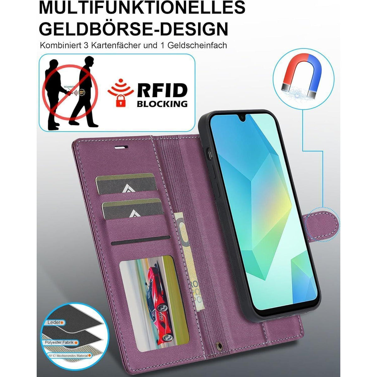 Samsung Galaxy A16 Hülle mit Kartenfach und Ständer, abnehmbar, lila in Lederoptik