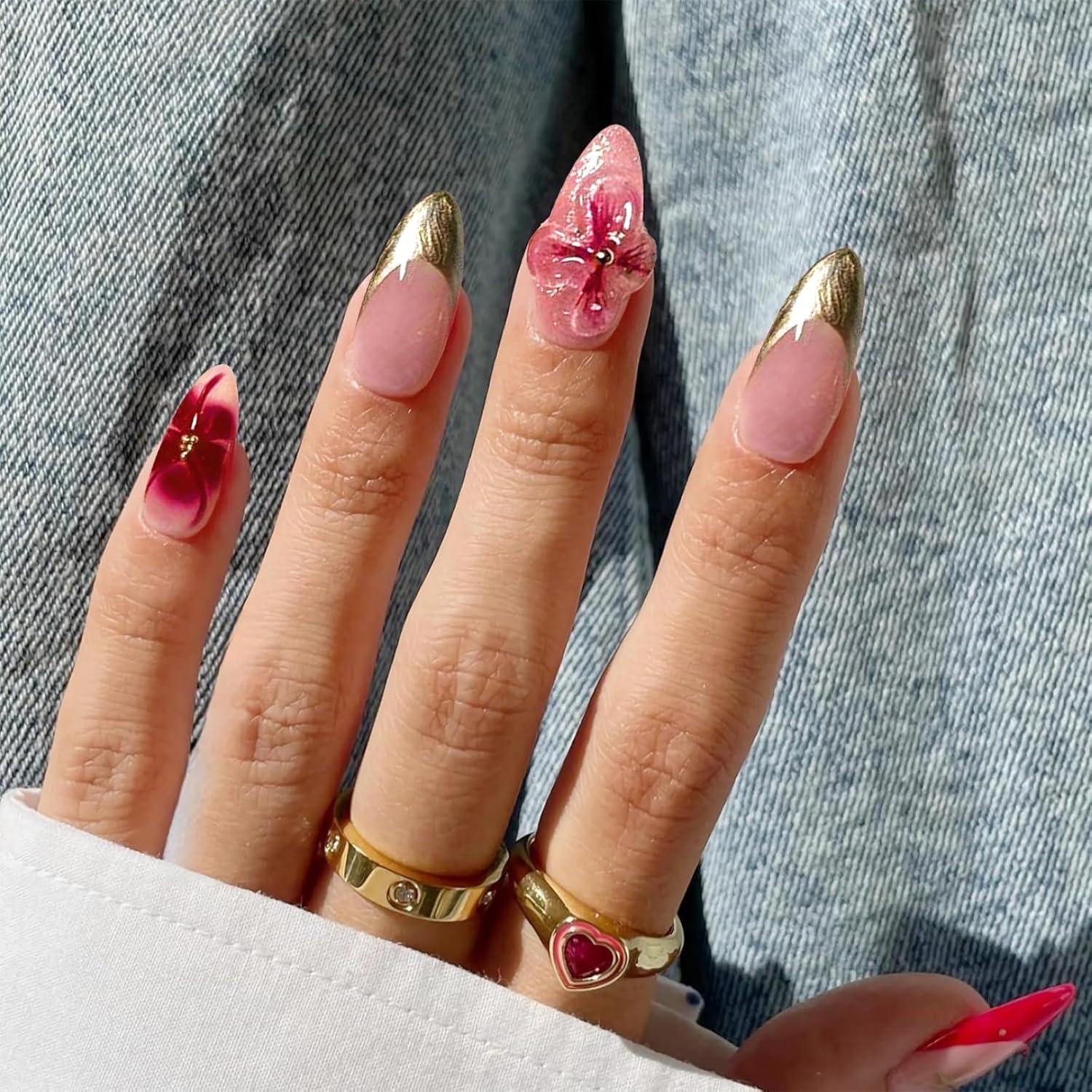 Kurze Mandel Nagelpressen 3D Blumen Dekoration Französische Maniküre