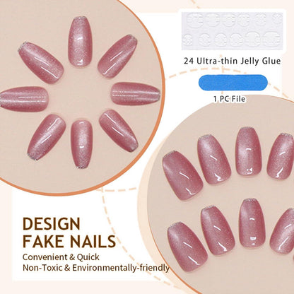 24er Set Rosa Katzenauge Press on Nägel Glitzerdesign Vollabdeckung