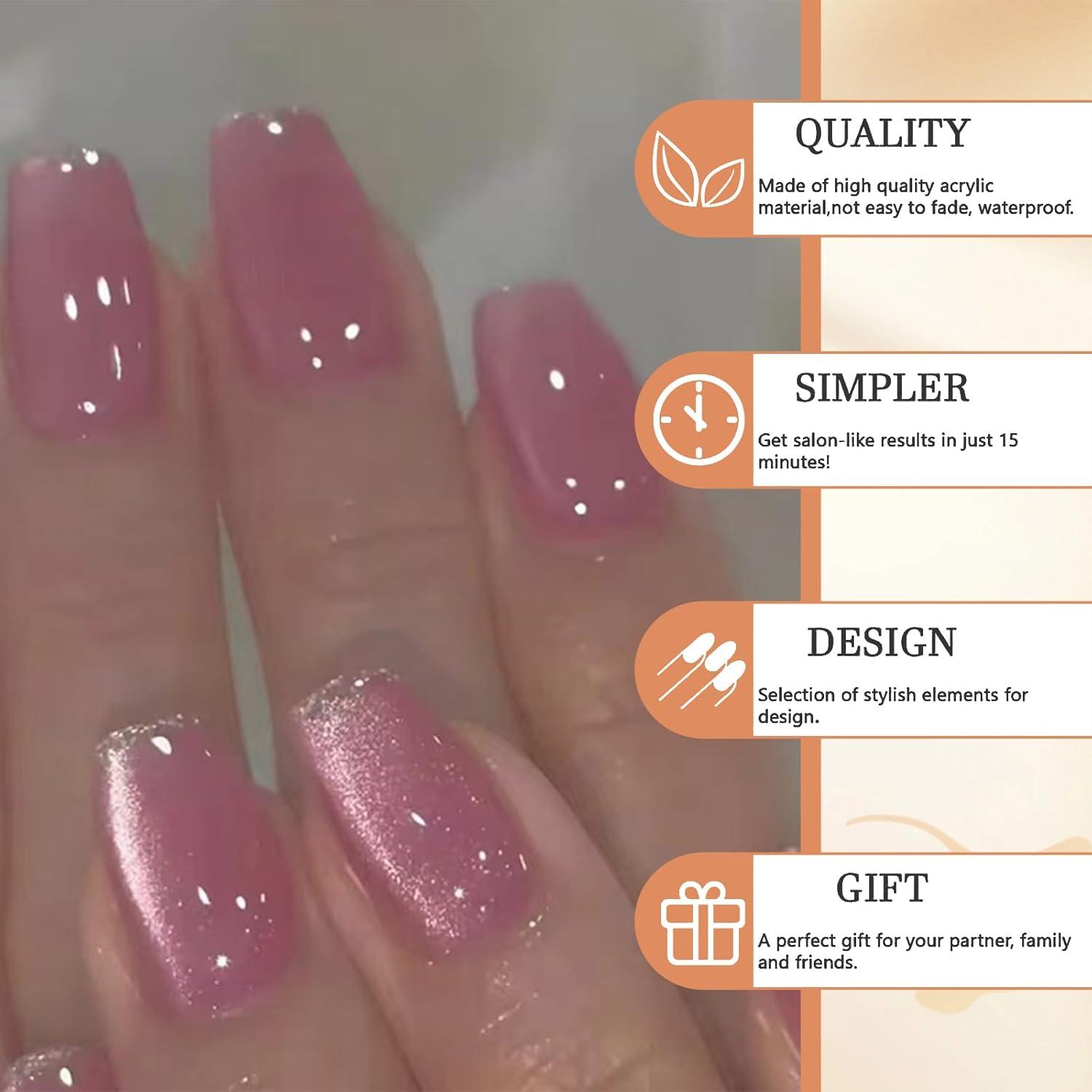 24 Stück Pink Katzenaugen Press on Nails Glitzerdesign Vollabdeckung Mittel Langhaltende Falsche Nägel