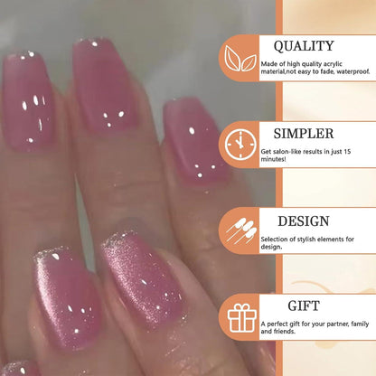 24 Stück Pink Katzenaugen Press on Nails Glitzerdesign Vollabdeckung Mittel Langhaltende Falsche Nägel