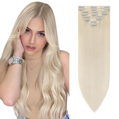 Echthaar Clip-Ins Platinblond (45cm) - 8-teiliges Set