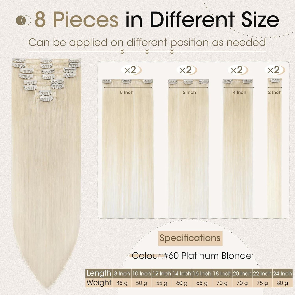 Echthaar Clip-Ins Platinblond (45cm) - 8-teiliges Set