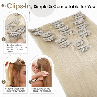 Echthaar Clip-Ins Platinblond (45cm) - 8-teiliges Set