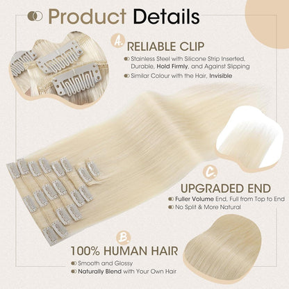 Echthaar Clip-Ins Platinblond (45cm) - 8-teiliges Set