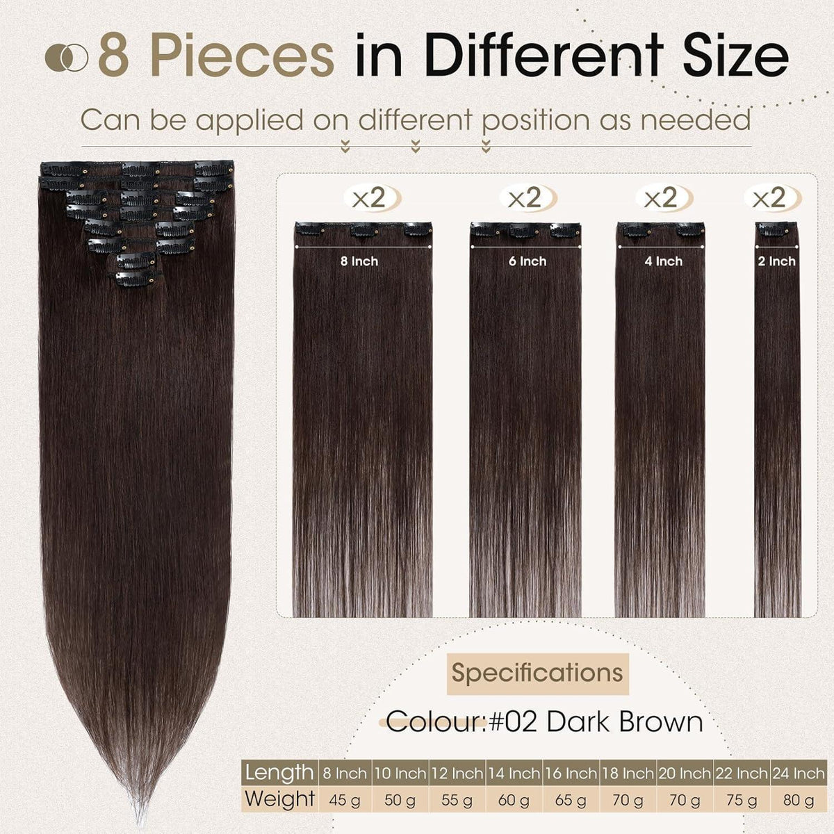 Echthaar Clip-Ins dunkelbraun 40cm - 8-teiliges Set