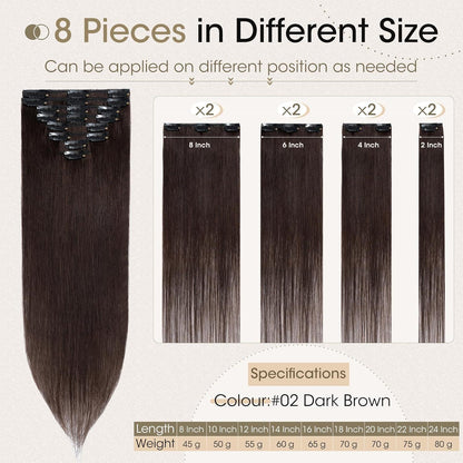 Echthaar Clip-Ins dunkelbraun 40cm - 8-teiliges Set