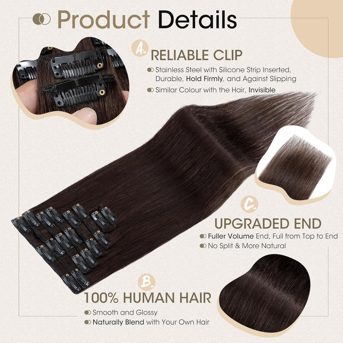 Echthaar Clip-Ins dunkelbraun 40cm - 8-teiliges Set