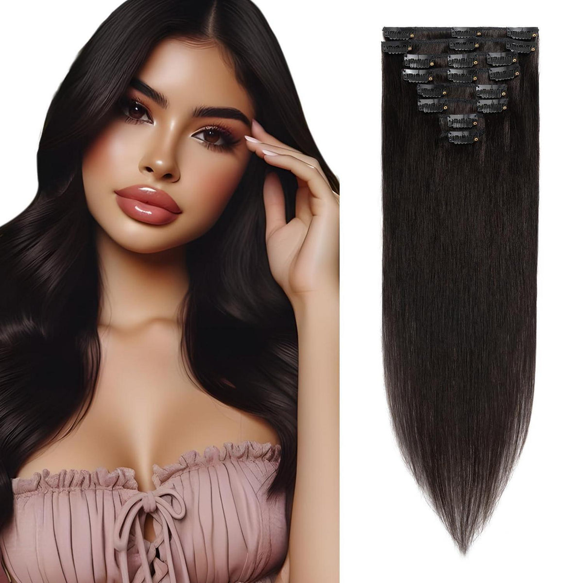 Echthaar Clip-Ins Schwarz 50cm - 8-teiliges Set