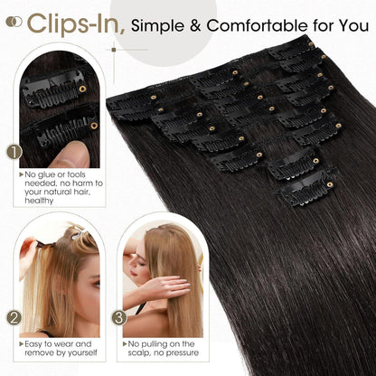 Echthaar Clip-Ins Schwarz 50cm - 8-teiliges Set
