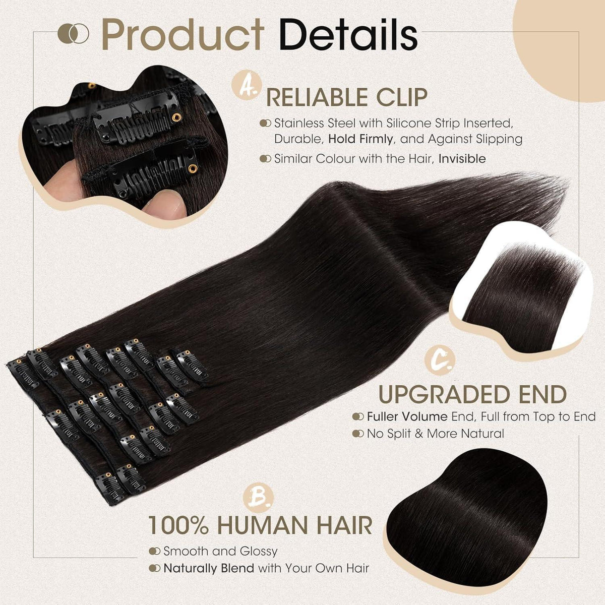 Echthaar Clip-Ins Schwarz 50cm - 8-teiliges Set