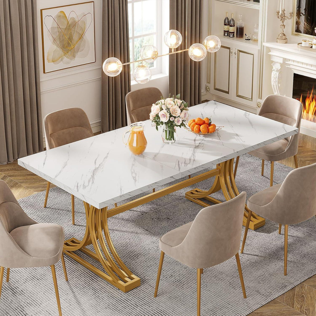Moderner Esstisch 160x80 cm – Weiß & Gold, Kunstmarmorplatte