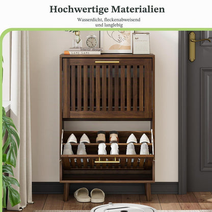 Schmaler Schuhschrank mit Klapptüren & Lamellen – Walnuss