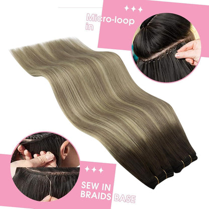Echthaar Tressen Balayage Braun Blond 60cm Weft Extensions