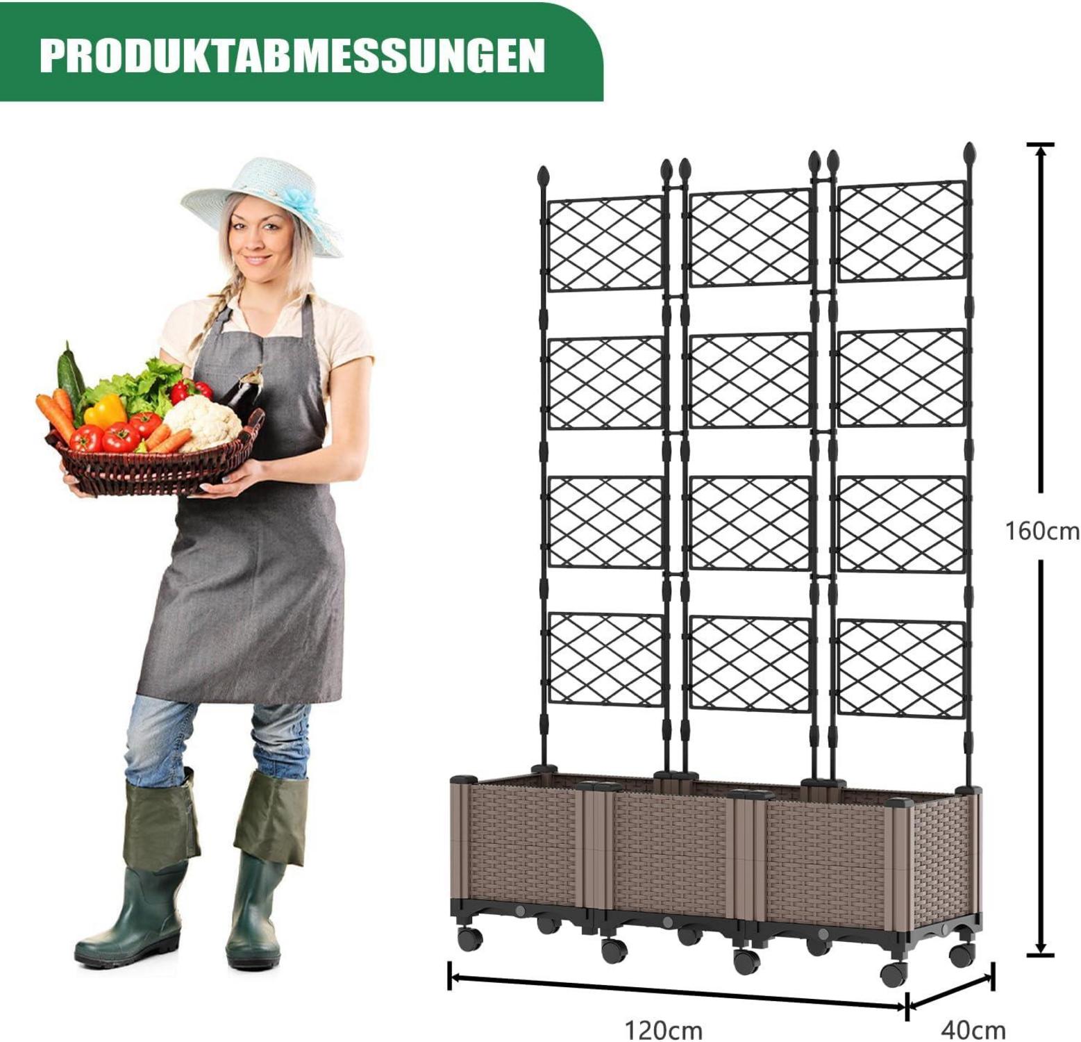 Hochbeet mit Rankgitter, Blumenkasten, Rollenrad, 3 Stück Garten Planter Box mit Trellis