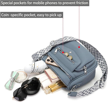 Damen Umhängetasche Crossbody Bag 5 Taschen 7 Fächer Blau