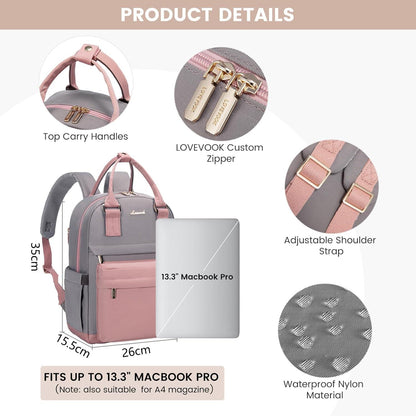 LOVEVOOK Damen 13,3 Zoll Rucksack Wasserdicht Cityrucksack 2-in-1 Rosa Grau