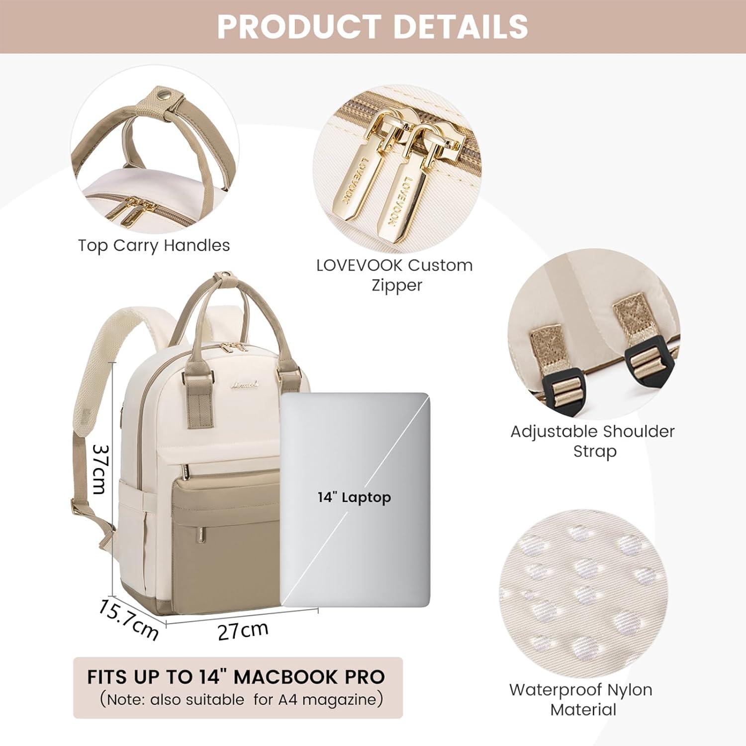 LOVEVOOK Schulrucksack 14 Zoll Laptop, Mädchen, wasserdicht, Khaki Beige-N