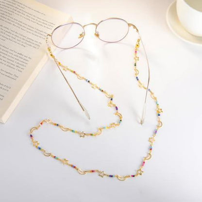 Brillenkette Damen Perlen Multicolor Gold Sterne Mond | Geschenkidee