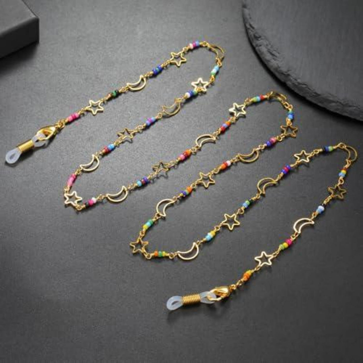 Brillenkette Damen Perlen Multicolor Gold Sterne Mond | Geschenkidee