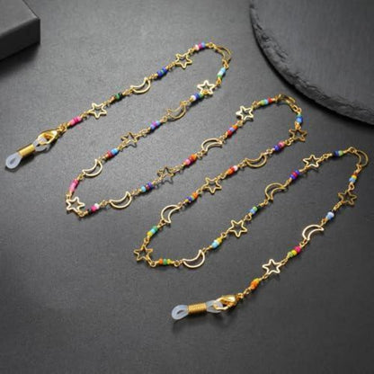 Brillenkette Damen Perlen Multicolor Gold Sterne Mond | Geschenkidee