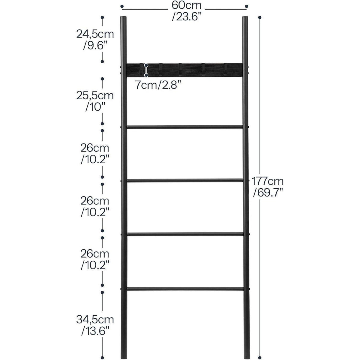 Handtuchleiter Schwarz – 5 Haken, 60x177cm – Bad & Flur