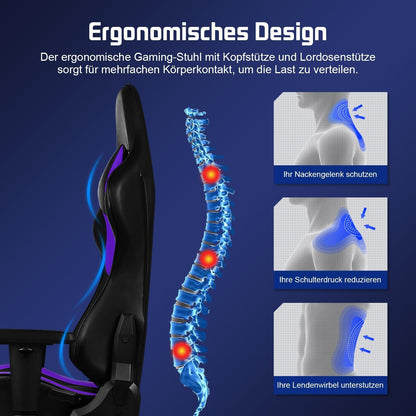 Ergonomischer Gaming Stuhl mit verstellbaren Kissen & Armlehnen, Lila