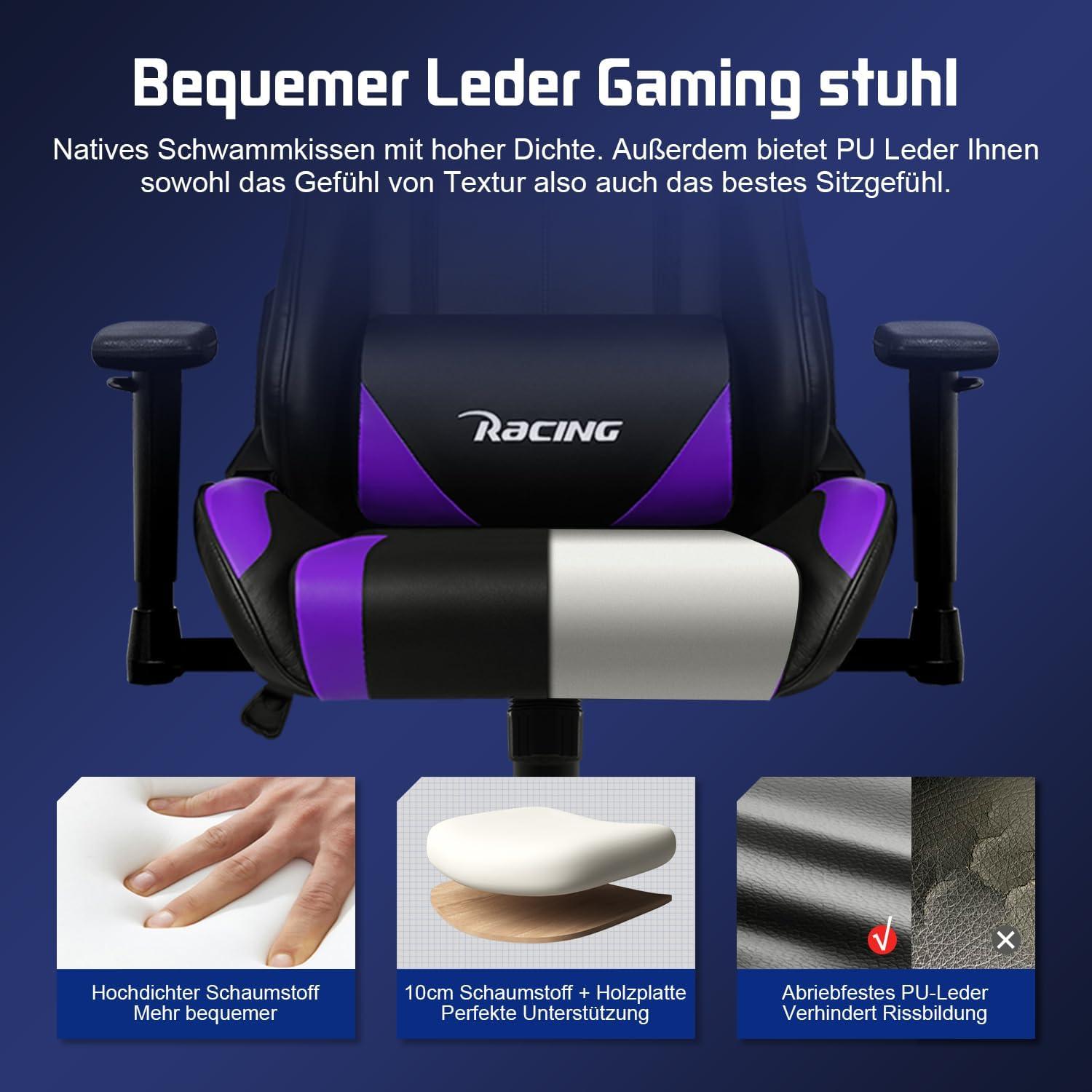 Ergonomischer Gaming Stuhl mit verstellbaren Kissen & Armlehnen, Lila