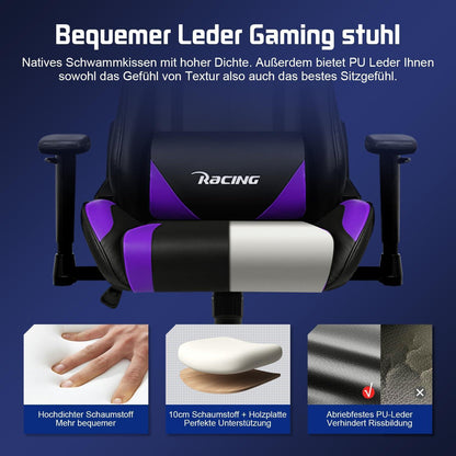Ergonomischer Gaming Stuhl mit verstellbaren Kissen & Armlehnen, Lila